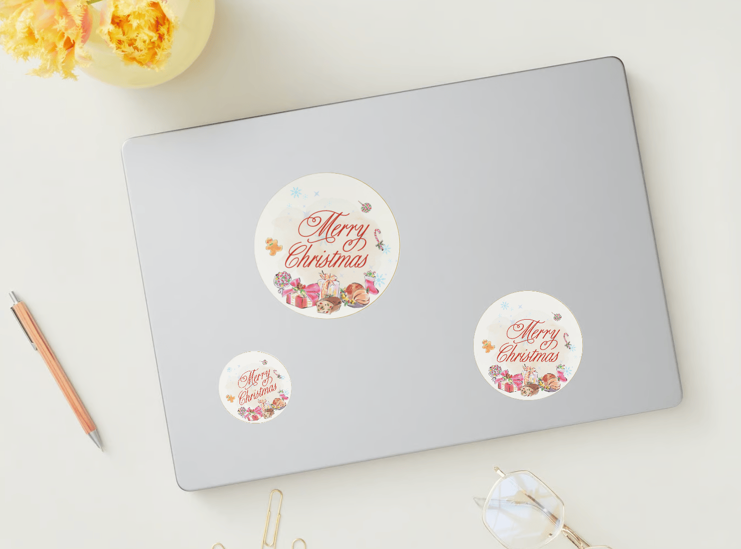 Customizable Cheerful Watercolor Christmas Feast Circle Sticker | Digital Canva Template. Mock stickers in various sizes