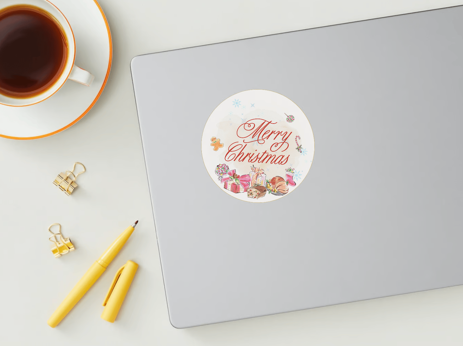 Customizable Cheerful Watercolor Christmas Feast Circle Sticker | Digital Canva Template. Mock sticker on laptop