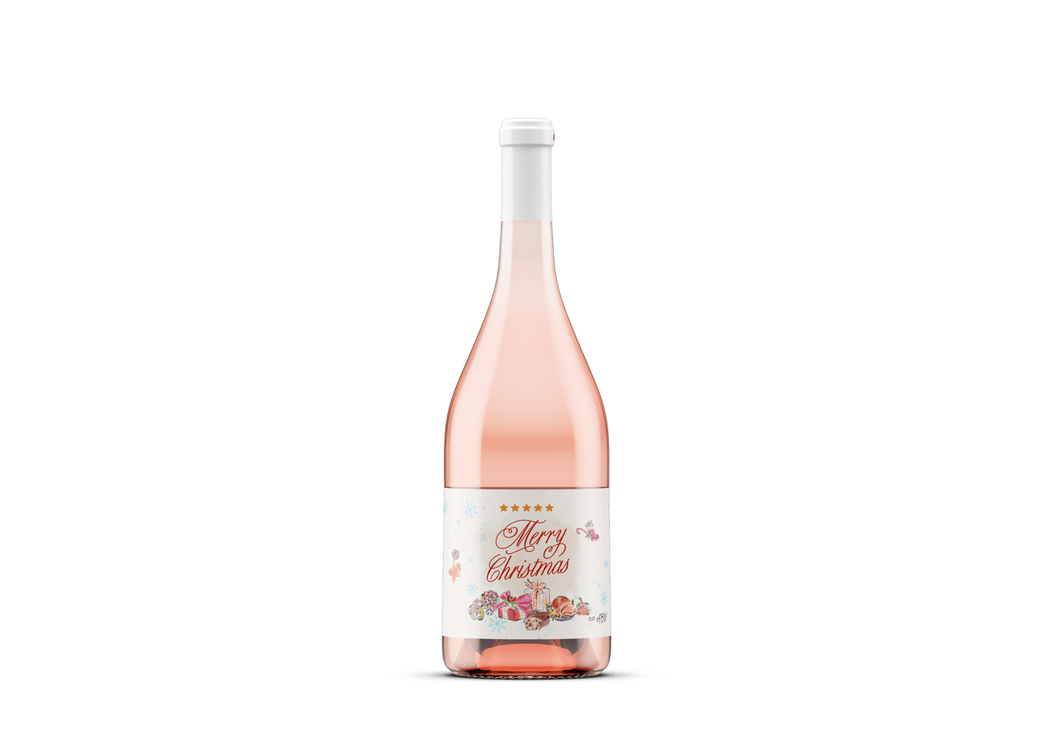 Customizable Cheerful Watercolor Christmas Feast Sticker Label 6"x4" | Digital Canva Template. Mock sticker label on rose wine bottle