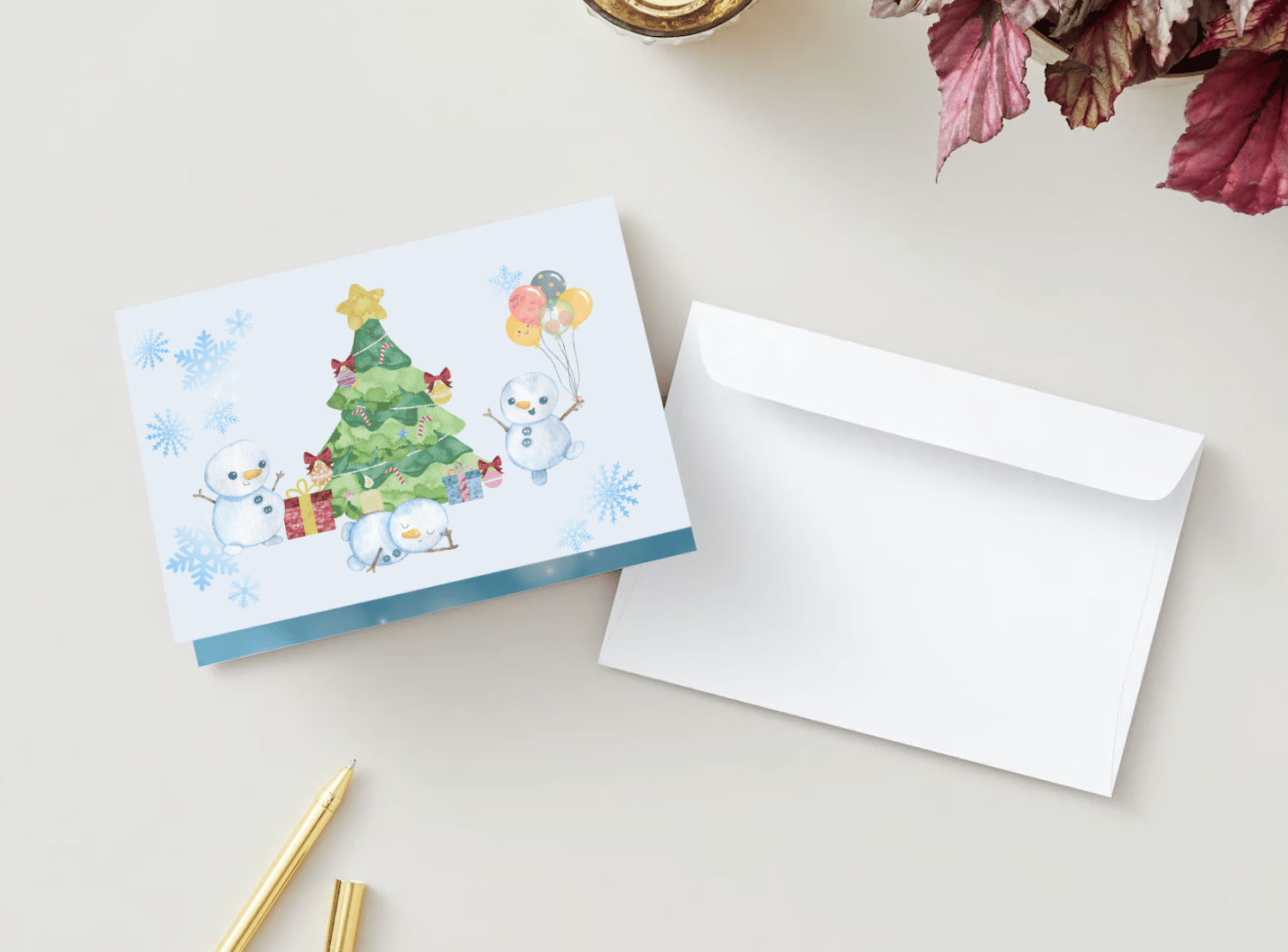 Customizable Cute Snowmen Christmas Wishes Folded Card Landscape | Digital Canva Template. Mock card with envelope