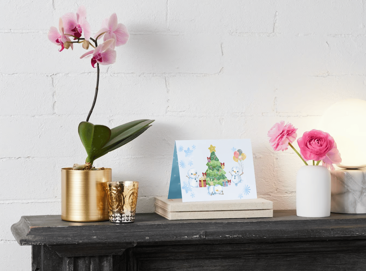 Customizable Cute Snowmen Christmas Wishes Folded Card Landscape | Digital Canva Template. Mock card outside front view as display