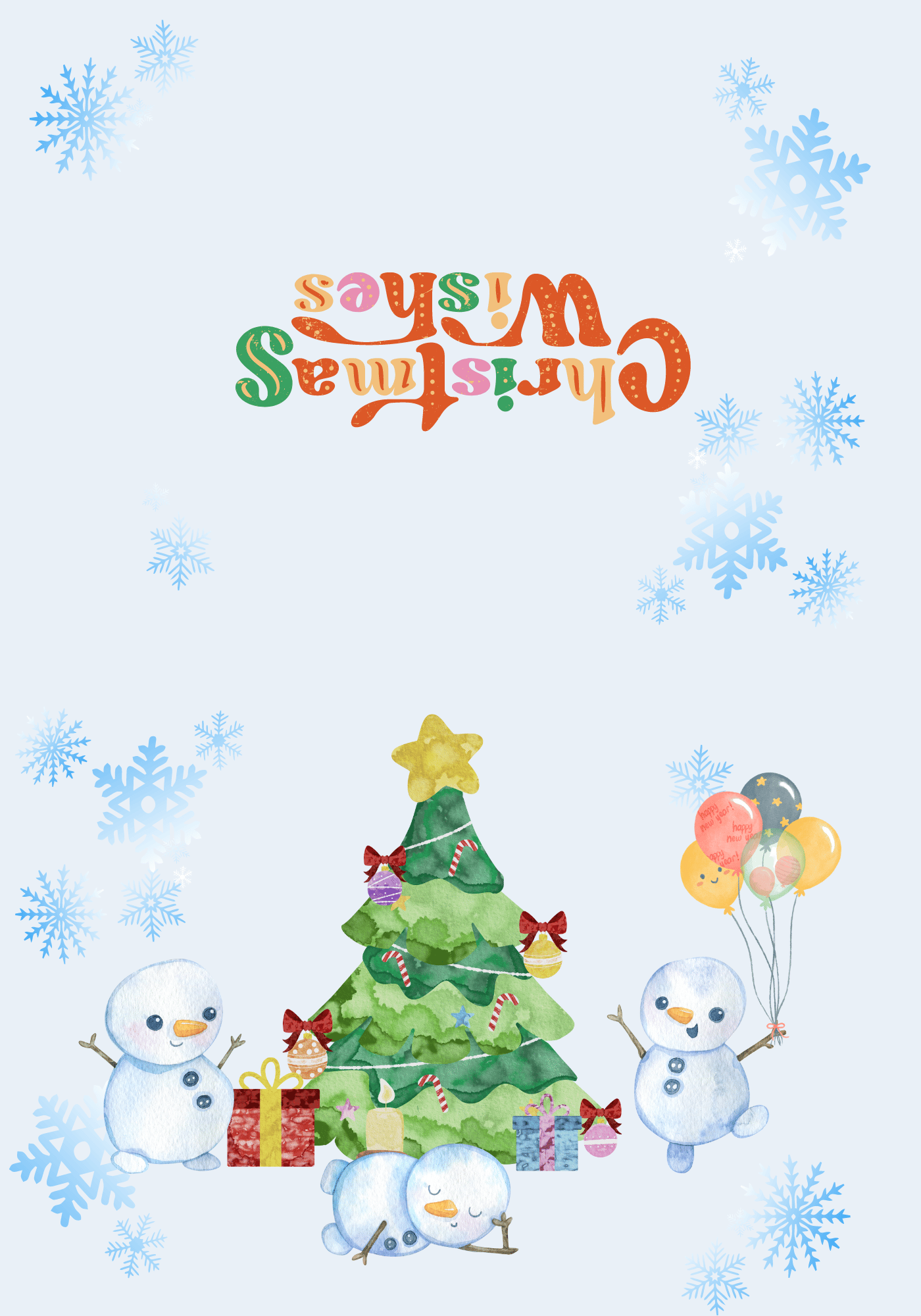 Customizable Cute Snowmen Christmas Wishes Folded Card Landscape | Digital Canva Template. Outside design
