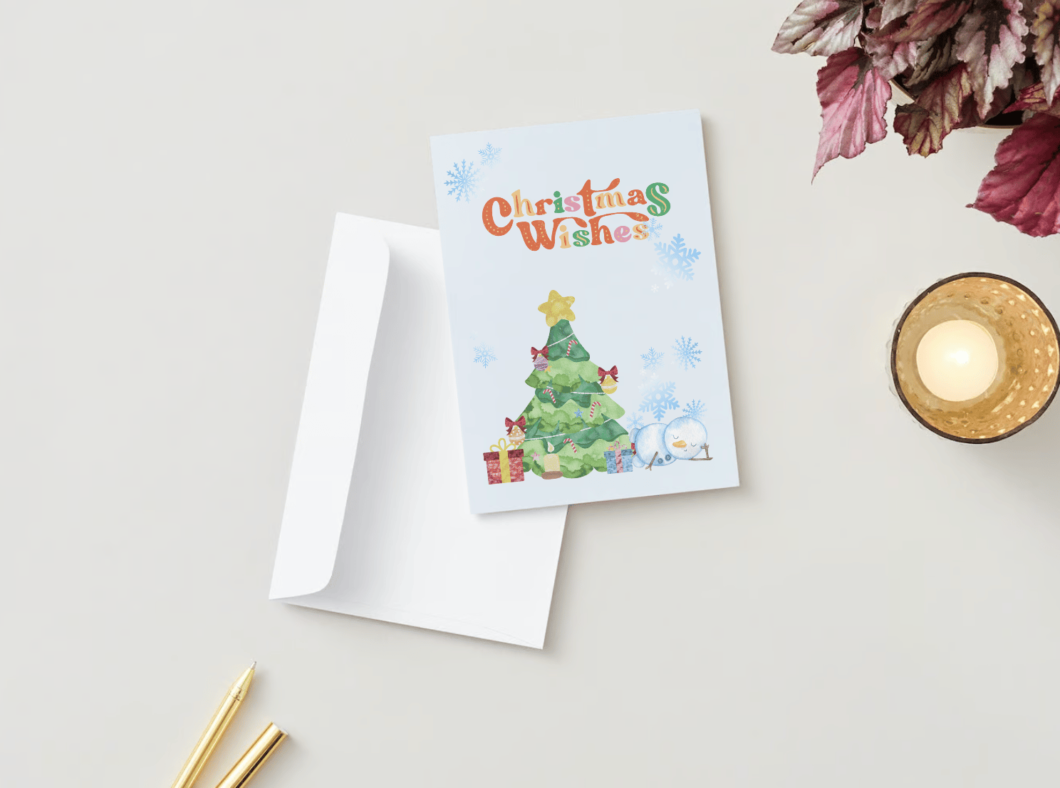 Customizable Cute Snowmen Christmas Wishes Folded Card Portrait | Digital Canva Template. Mock card with envelope