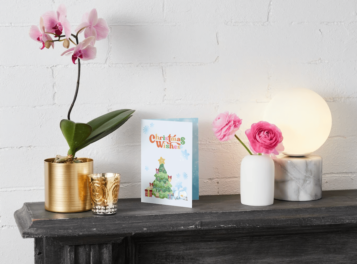 Customizable Cute Snowmen Christmas Wishes Folded Card Portrait | Digital Canva Template. Mock card outside front view as display