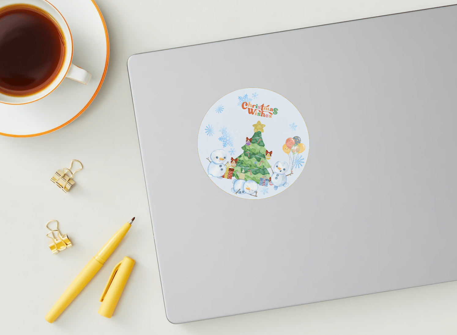 Customizable Cute Snowmen Christmas Wishes Circle Sticker | Digital Canva Template. Mock sticker on laptop
