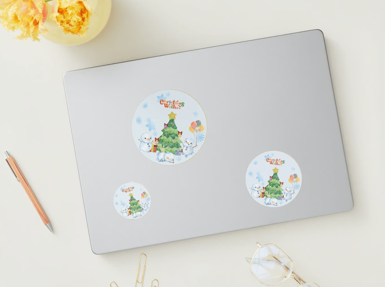 Customizable Cute Snowmen Christmas Wishes Circle Sticker | Digital Canva Template. Mock stickers in various sizes