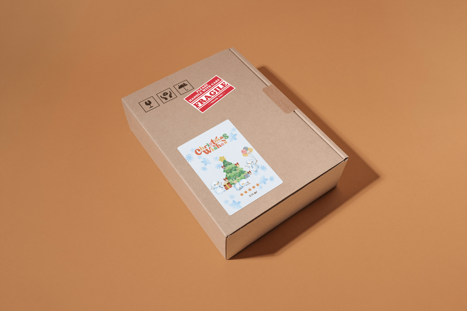 Customizable Cute Snowmen Christmas Wishes Sticker Label 4"x6" | Digital Canva Template. Mock sticker label on box