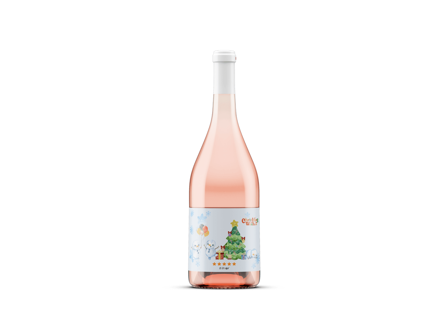 Customizable Cute Snowmen Christmas Wishes Sticker Label 6"x4" | Digital Canva Template. Mock sticker label on rose wine bottle