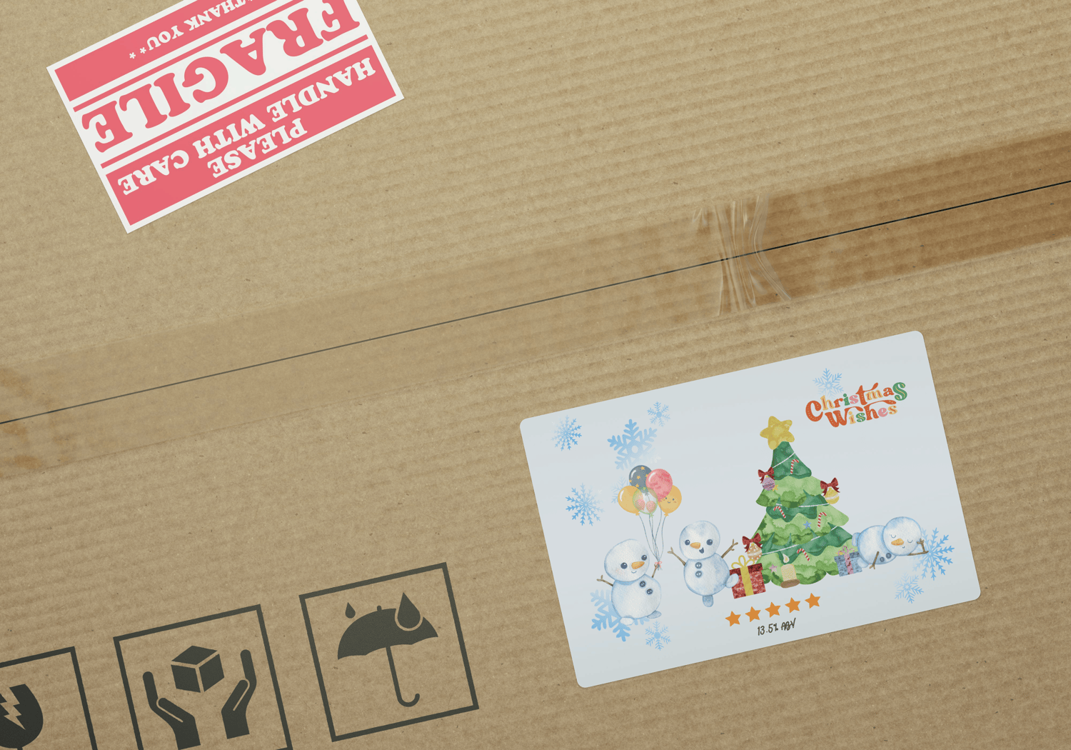 Customizable Cute Snowmen Christmas Wishes Sticker Label 6"x4" | Digital Canva Template. Mock sticker label on box