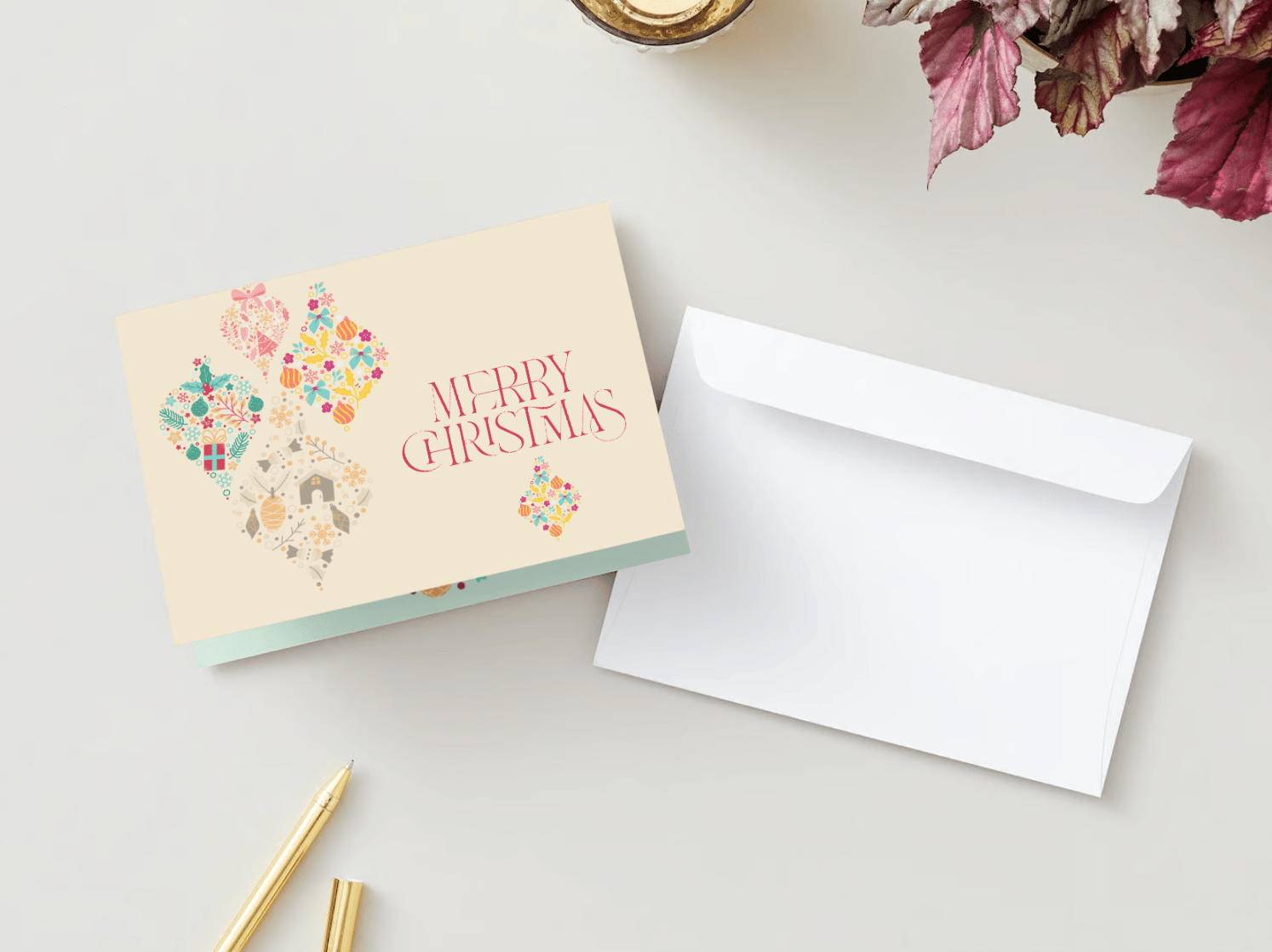Customizable Colorful Christmas Motifs Decor Folded Card Landscape | Digital Canva Template. Mock card with envelope