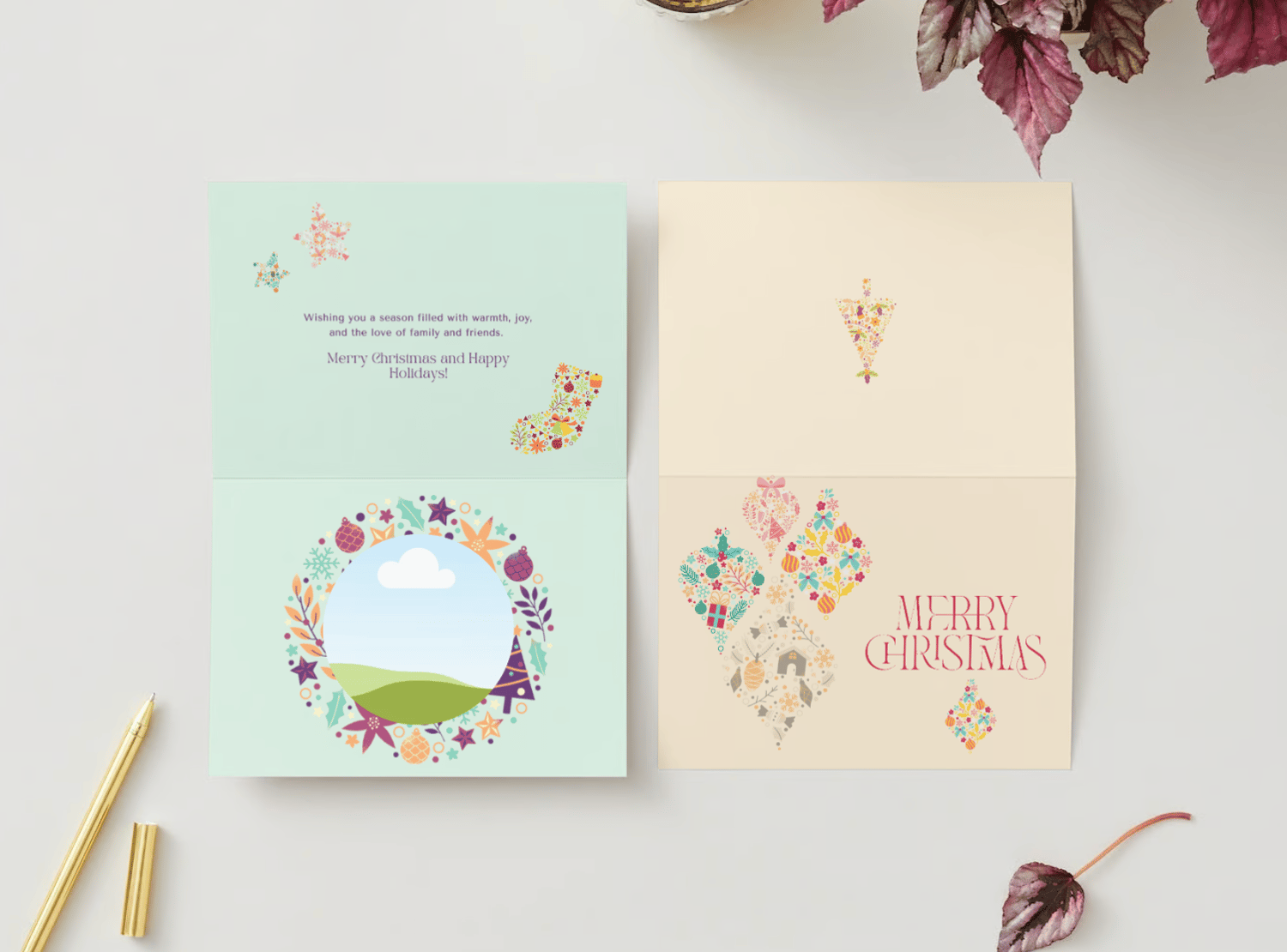 Customizable Colorful Christmas Motifs Decor Folded Card Landscape | Digital Canva Template. Mock card outside and inside views