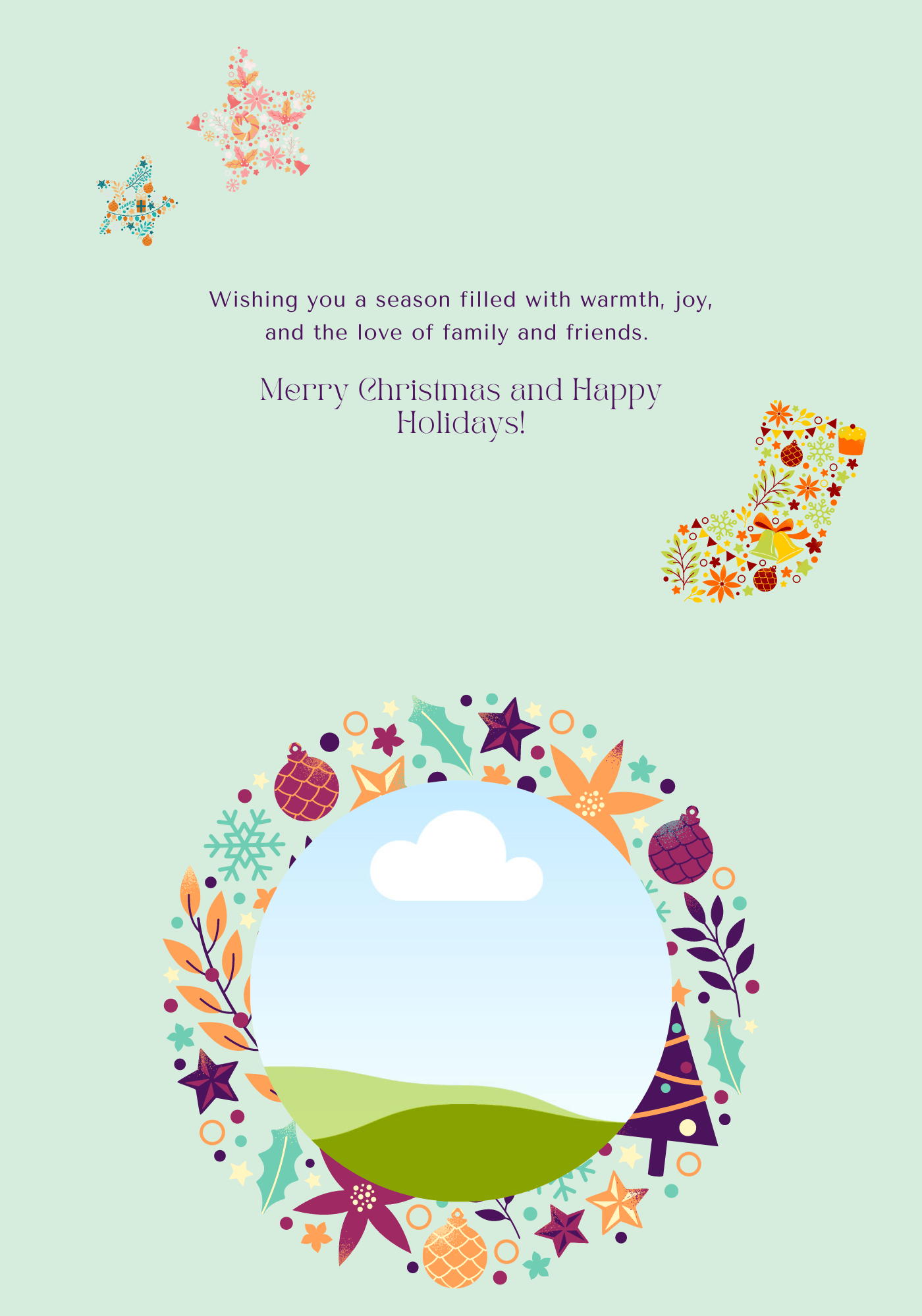Customizable Colorful Christmas Motifs Decor Folded Card Landscape | Digital Canva Template. Inside design