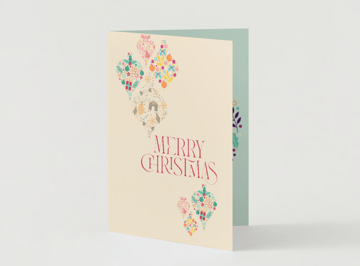 Customizable Colorful Christmas Motifs Decor Folded Card Portrait | Digital Canva Template. Mock card outside front view