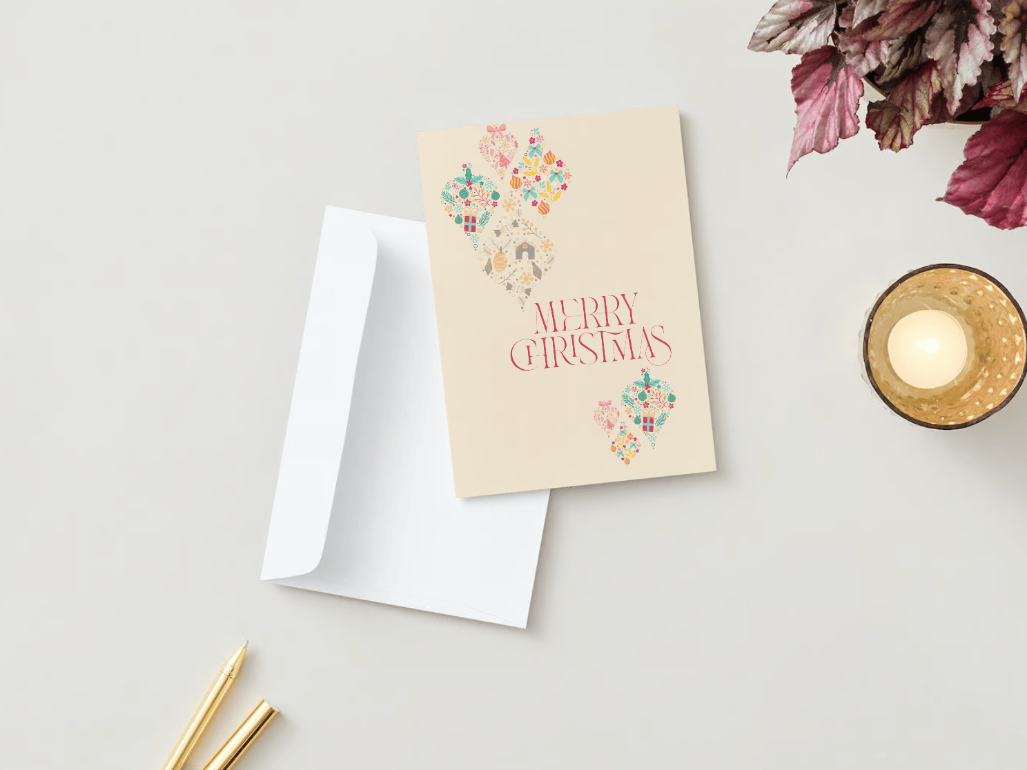 Customizable Colorful Christmas Motifs Decor Folded Card Portrait | Digital Canva Template. Mock card with envelope