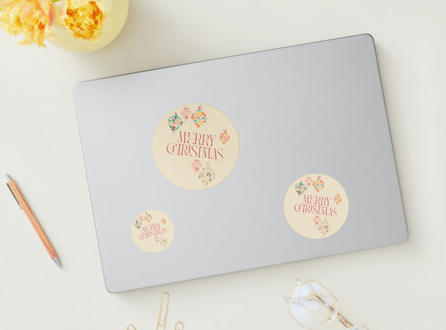 Customizable Colorful Christmas Motifs Decor Circle Sticker | Digital Canva Template. Mock stickers in various sizes