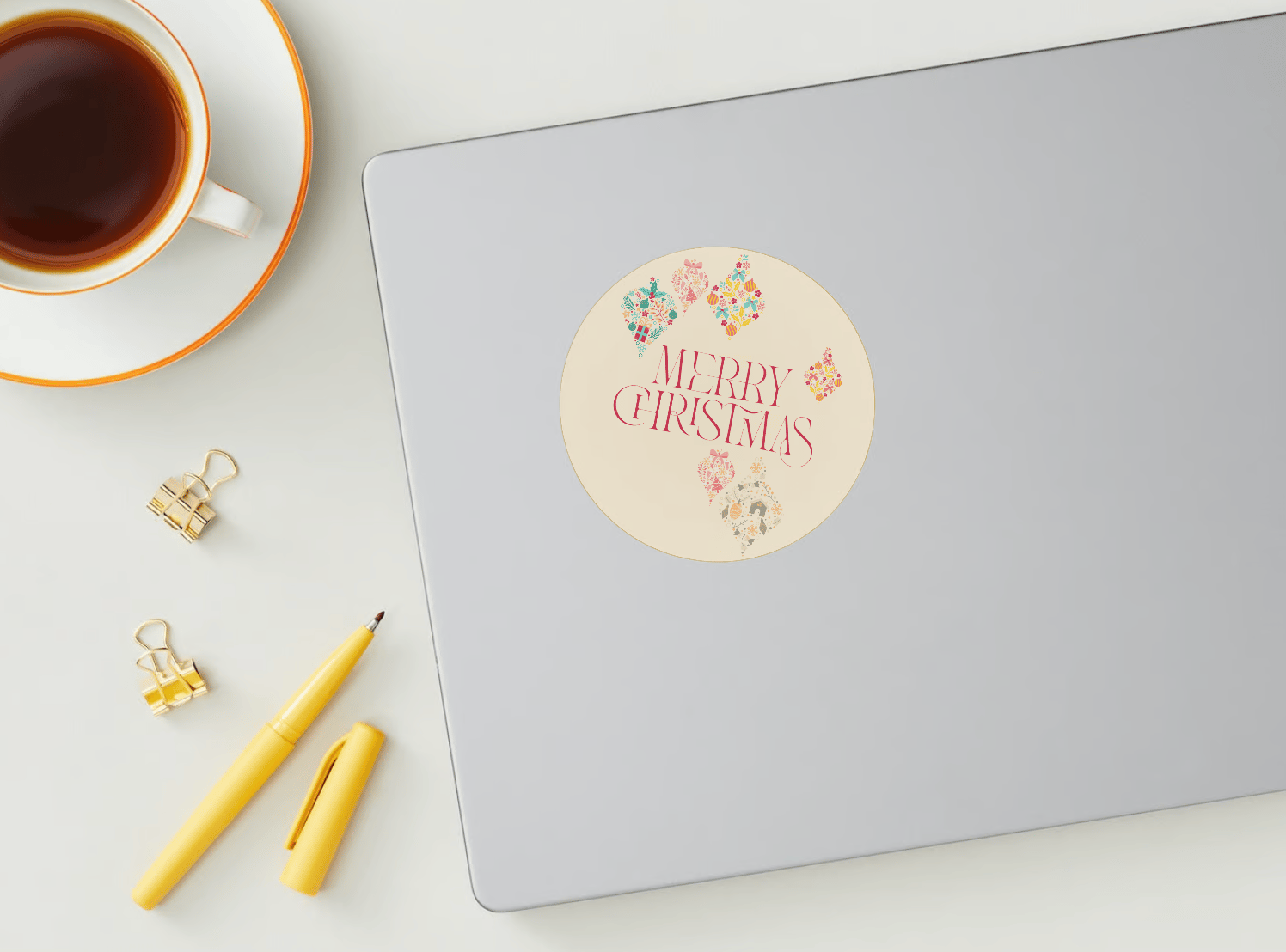 Customizable Colorful Christmas Motifs Decor Circle Sticker | Digital Canva Template. Mock sticker on laptop