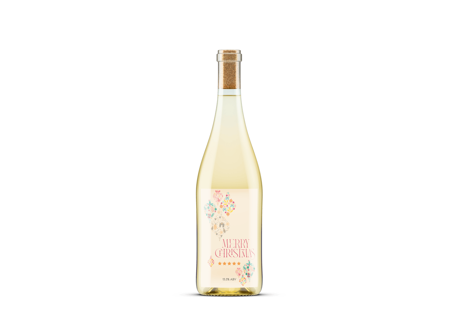 Customizable Colorful Christmas Motifs Decor Sticker Label 4"x6" | Digital Canva Template. Mock sticker label on white wine bottle