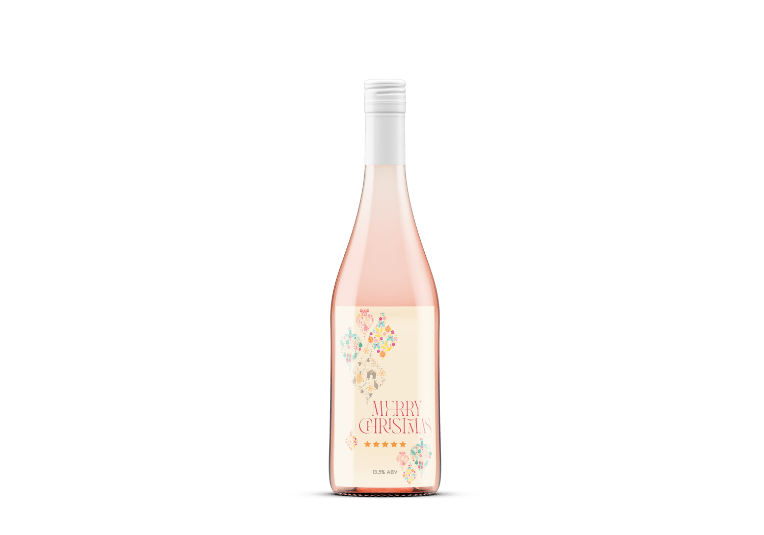 Customizable Colorful Christmas Motifs Decor Sticker Label 4"x6" | Digital Canva Template. Mock sticker labe on rose wine bottle