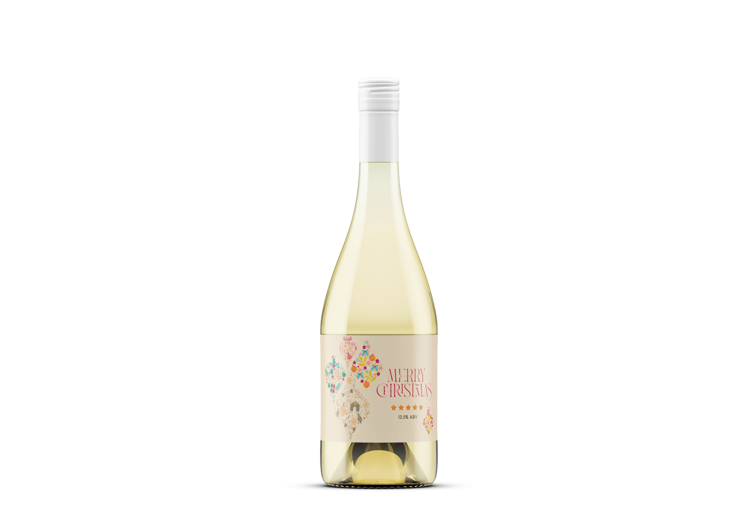Customizable Colorful Christmas Motifs Decor Sticker Label 6"x4" | Digital Canva Template. Mock sticker label on white wine bottle