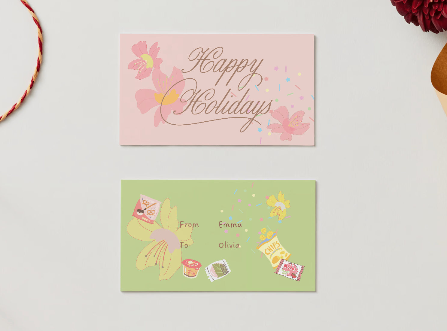 Nostalgic Asian Sweets Holiday Canva Template Bundle | 6 Customizable Designs | Holiday Season Digital Download. Mock gift/favor tags front and back views