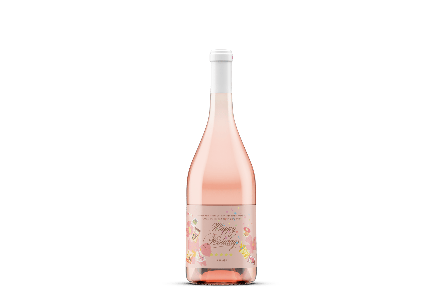 Nostalgic Asian Sweets Holiday Canva Template Bundle | 6 Customizable Designs | Holiday Season Digital Download. Mock sticker label landscape on rose wine bottle