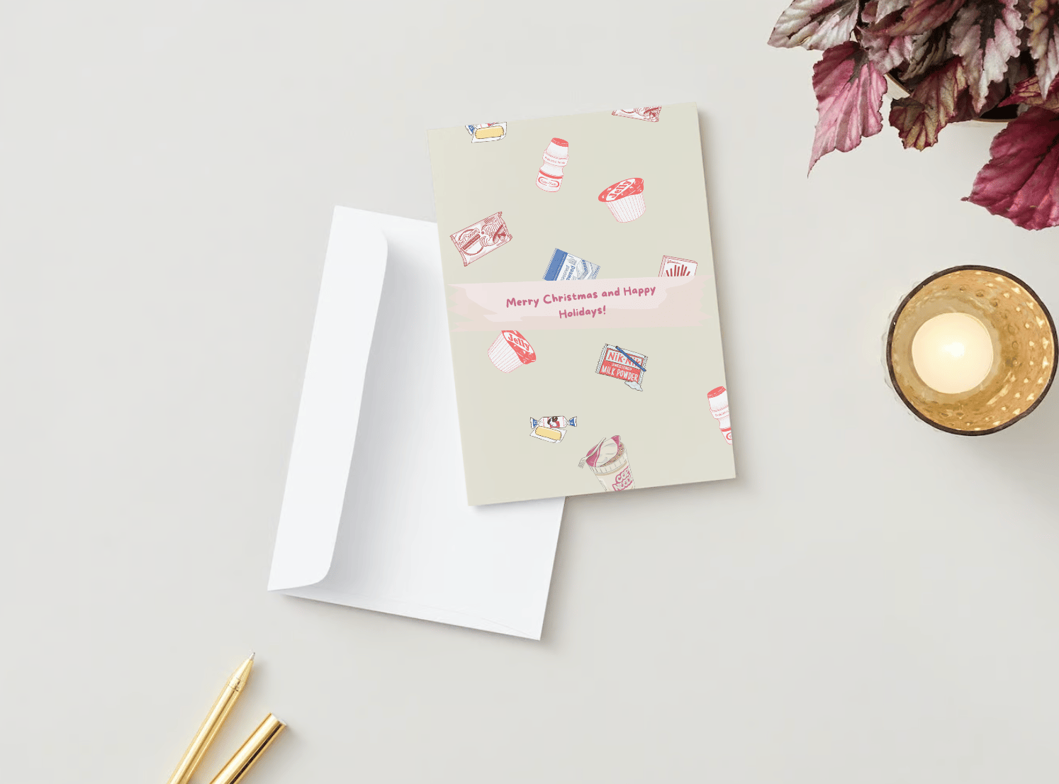 Nostalgic Line Art Asian Sweets Canva Template Bundle | 6 Customizable Designs | Holiday Season Digital Download. Mock card portrait with envelope