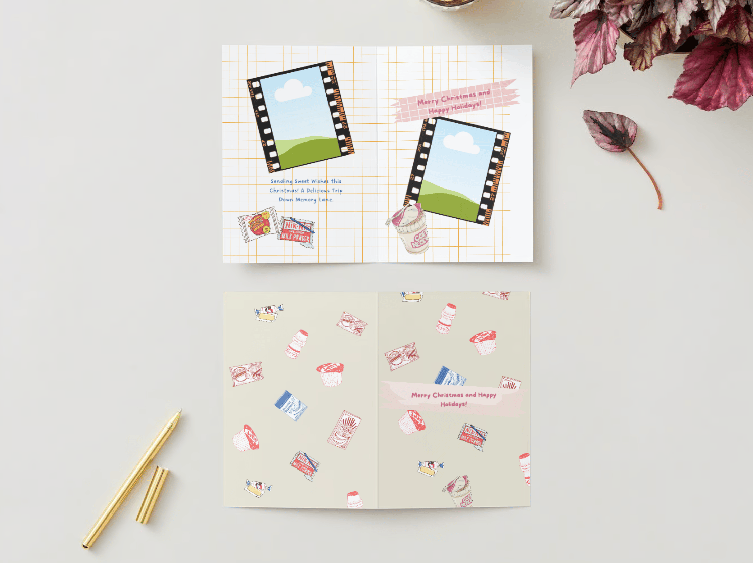 Nostalgic Line Art Asian Sweets Canva Template Bundle | 6 Customizable Designs | Holiday Season Digital Download. Mock card portrait outside and inside views