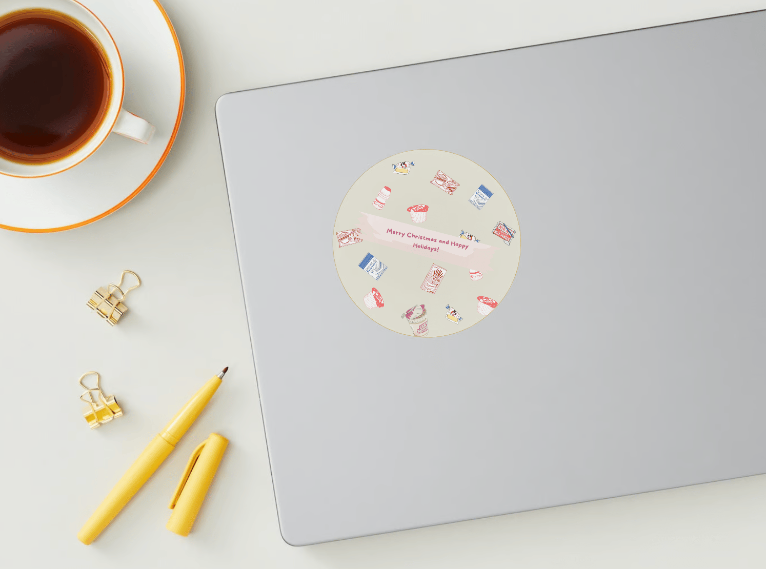 Nostalgic Line Art Asian Sweets Canva Template Bundle | 6 Customizable Designs | Holiday Season Digital Download. Mock circle sticker on laptop