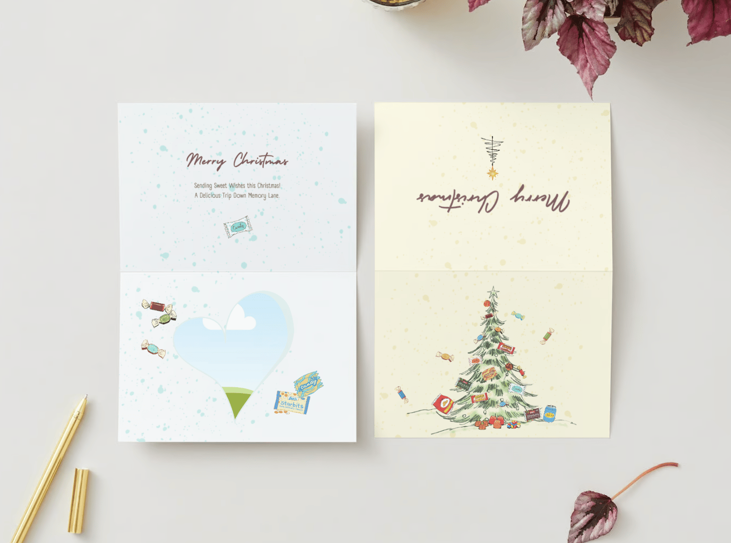Nostalgic Christmas Tree with Sweets Canva Template Bundle | 6 Customizable Designs | Holiday Season Digital Download. Mock card landscape outside and inside views