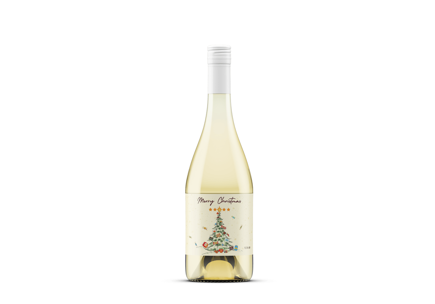Nostalgic Christmas Tree with Sweets Canva Template Bundle | 6 Customizable Designs | Holiday Season Digital Download. Mock sticker label landscape on white wine bottle