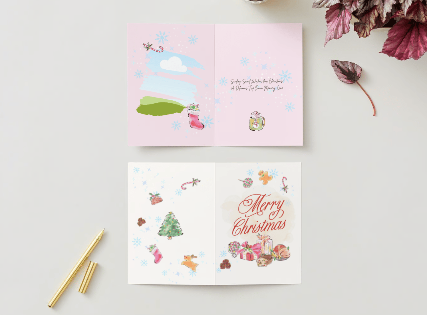 Cheerful Watercolor Christmas Feast Canva Template Bundle | 6 Customizable Designs | Holiday Season Digital Download. Mock card portrait outside and inside views