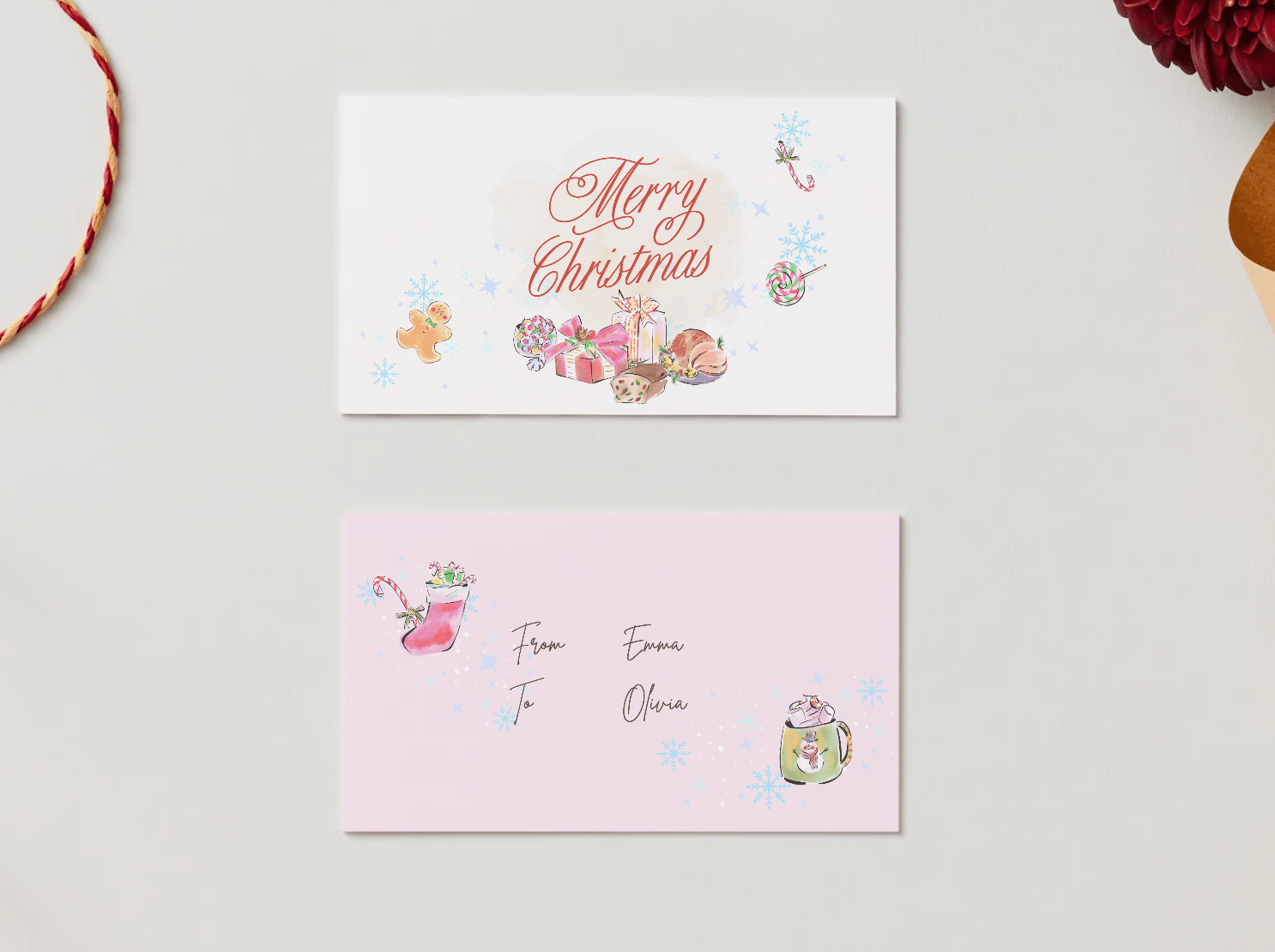 Cheerful Watercolor Christmas Feast Canva Template Bundle | 6 Customizable Designs | Holiday Season Digital Download. Mock gift/favor tag front and back views