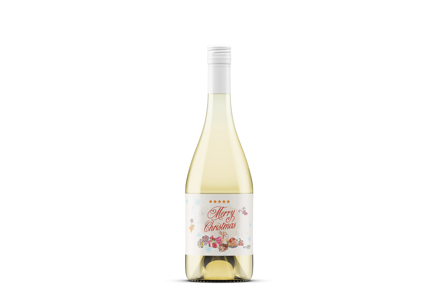 Cheerful Watercolor Christmas Feast Canva Template Bundle | 6 Customizable Designs | Holiday Season Digital Download. Mock sticker label landscape on white wine bottle