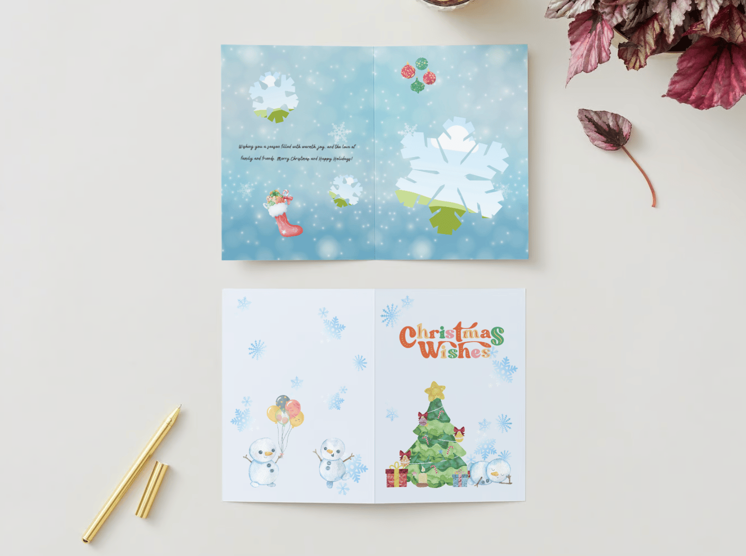 Cute Snowmen Christmas Wishes Canva Template Bundle | 6 Customizable Designs | Holiday Season Digital Download. Mock card portrait outside and inside views