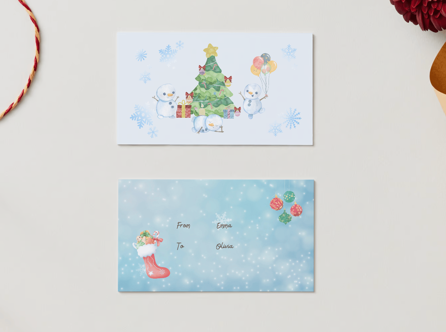 Cute Snowmen Christmas Wishes Canva Template Bundle | 6 Customizable Designs | Holiday Season Digital Download. Mock gift/favor tag front and back views