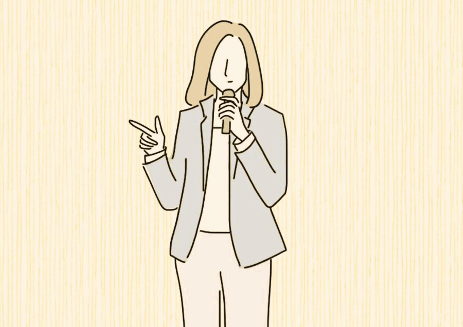 Una oradora interesante, divertida e intelectualmente atractiva-ilustración líder femenina vestida de azul y fondo amarillo