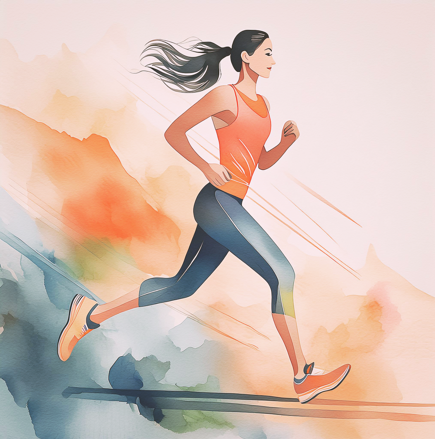 Arte, obra de arte y acuarela naranja y azul-mujer corriendo