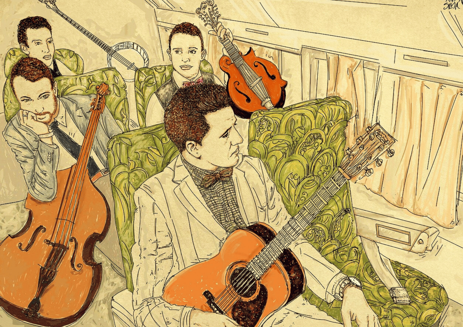 Dibujo músicos, concierto y autobús