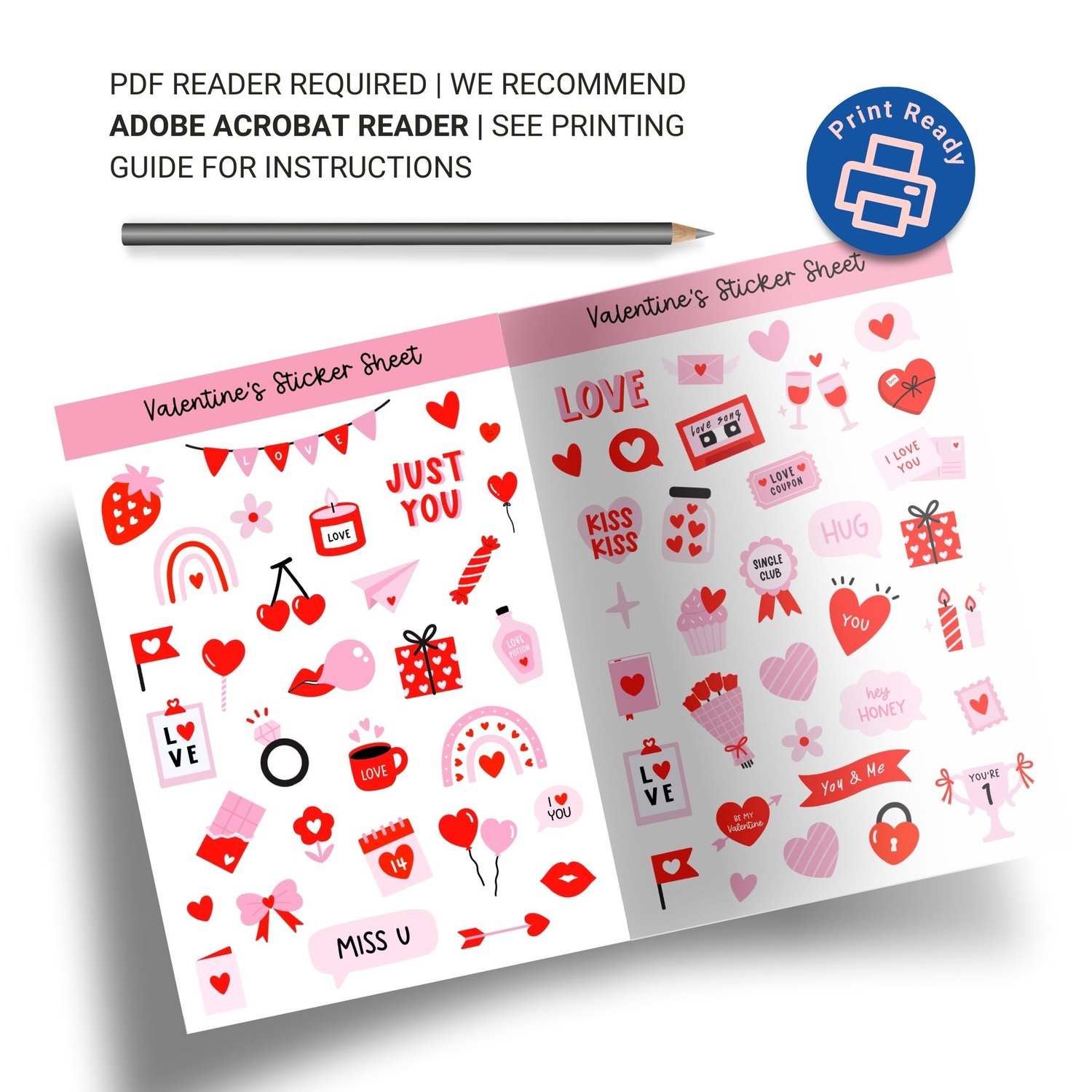 Red Valentines Day Sticker Sheet - 60+ Cute Love Stickers for Cards & Crafts