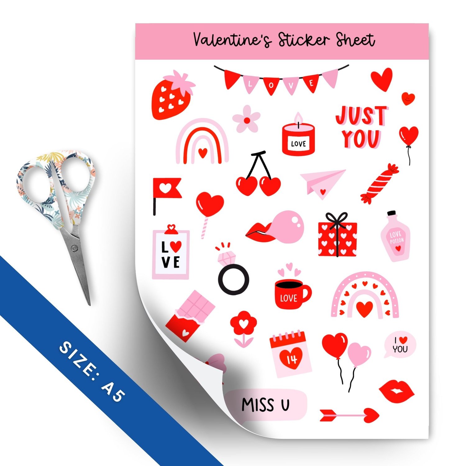Red Valentines Day Sticker Sheet - 60+ Cute Love Stickers for Cards & Crafts