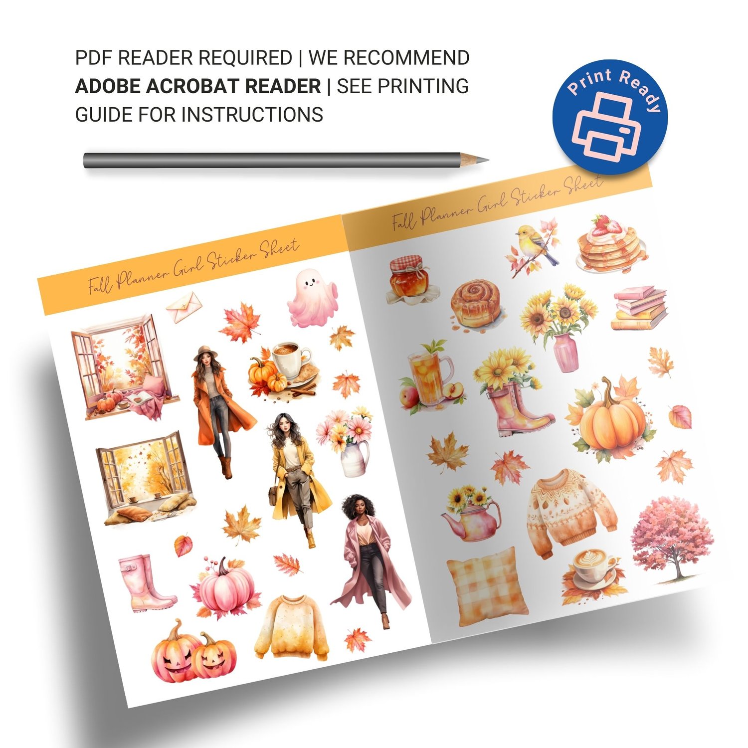 Fall Planner Girl Sticker Sheet - 38 Adorable Autumn Stickers for Planners & Journals