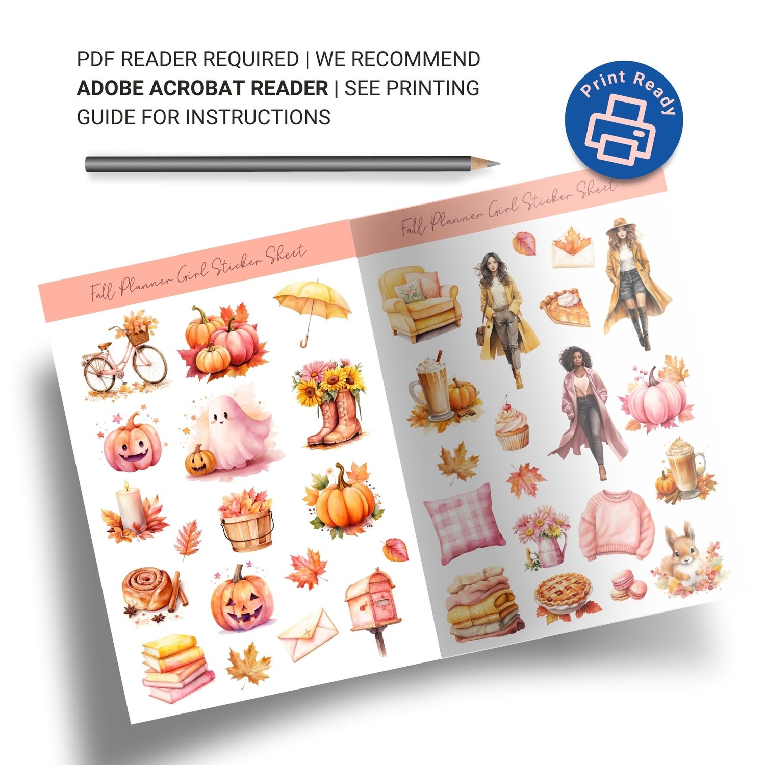 Fall Planner Girl Sticker Sheet - 38 Adorable Autumn Stickers for Planners & Journals