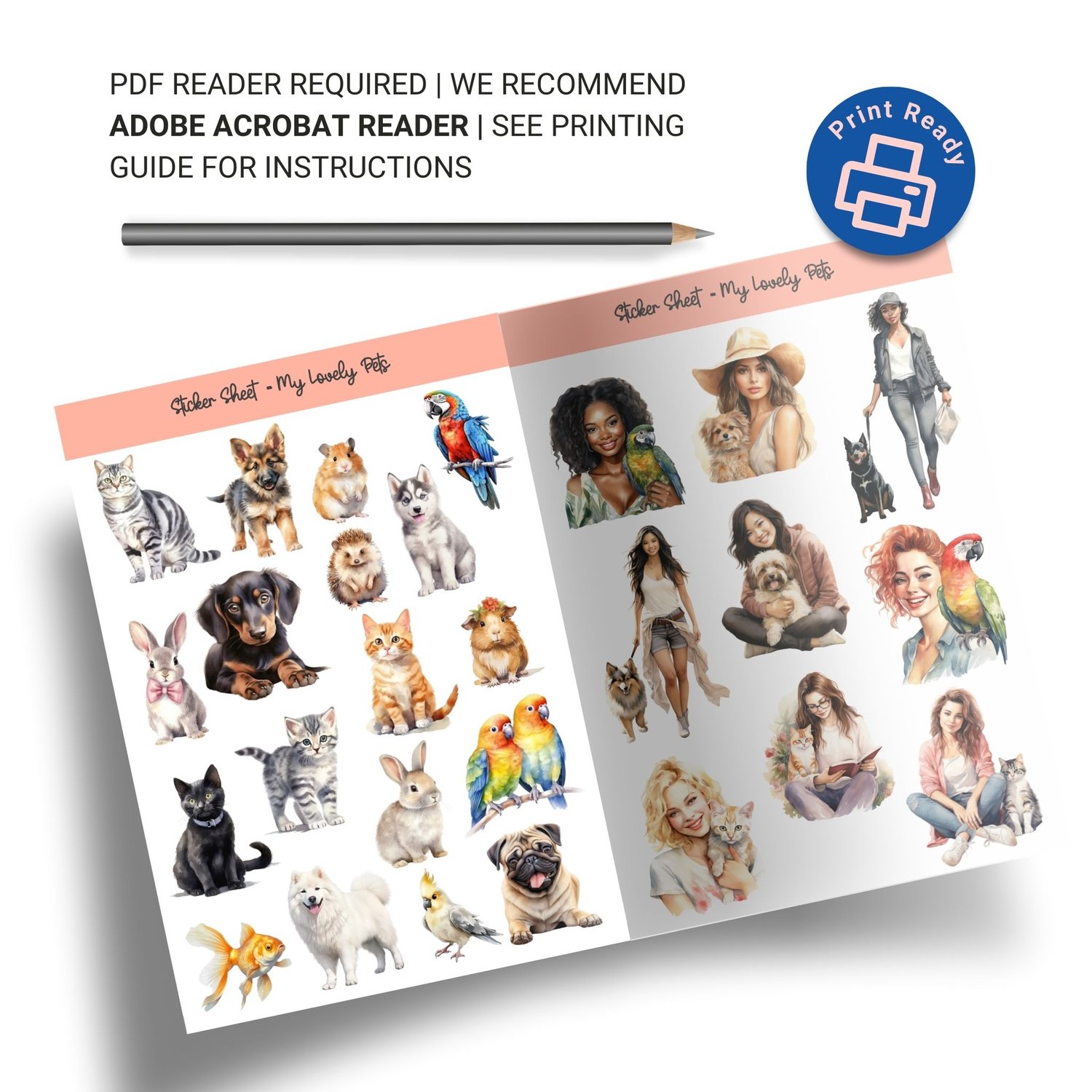 My Lovely Pets Sticker Sheet - 27 Adorable Animal Stickers for Planners & Journals