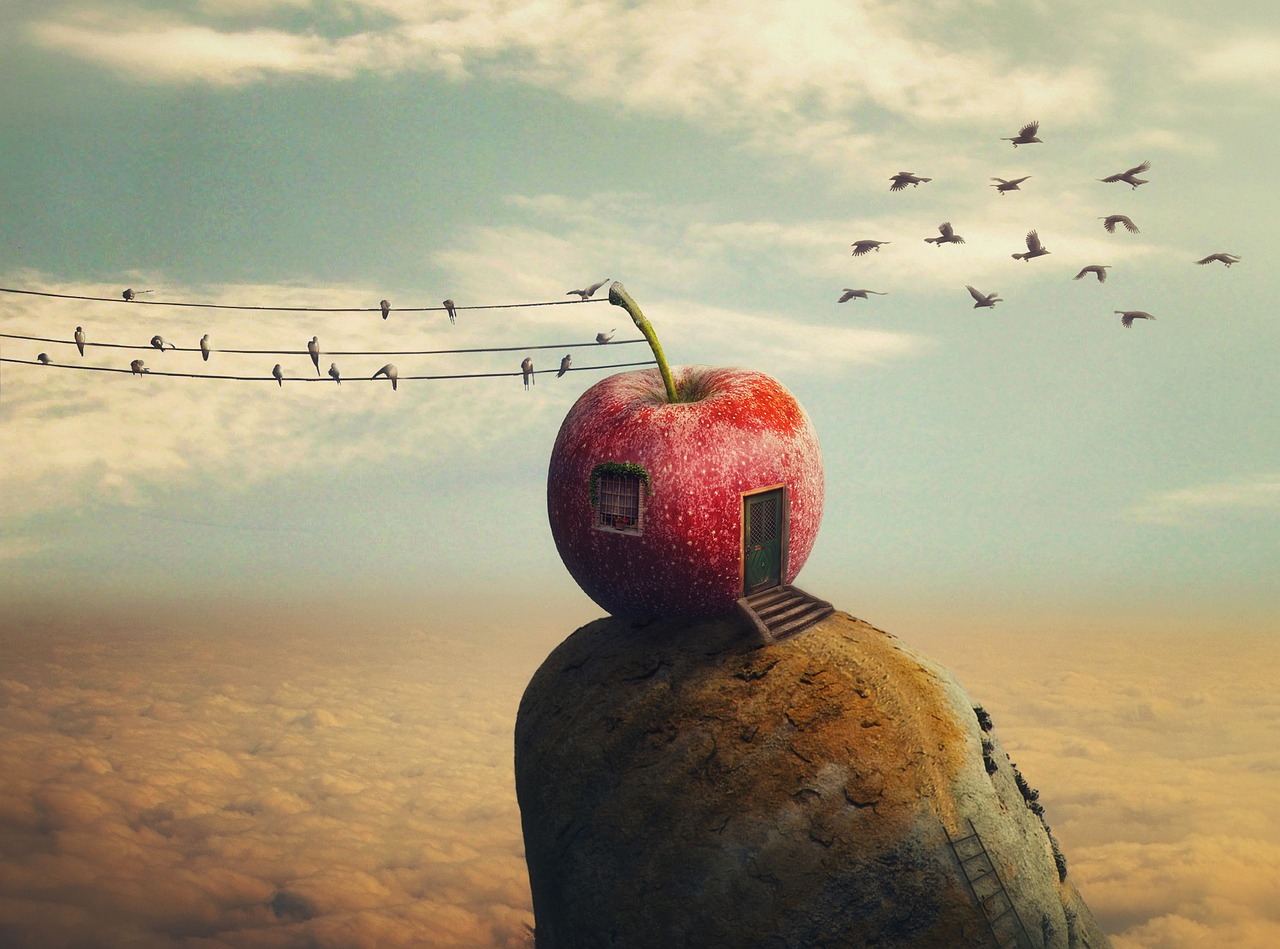 Collage de una manzana casa-colina-tendido eléctrico-aves