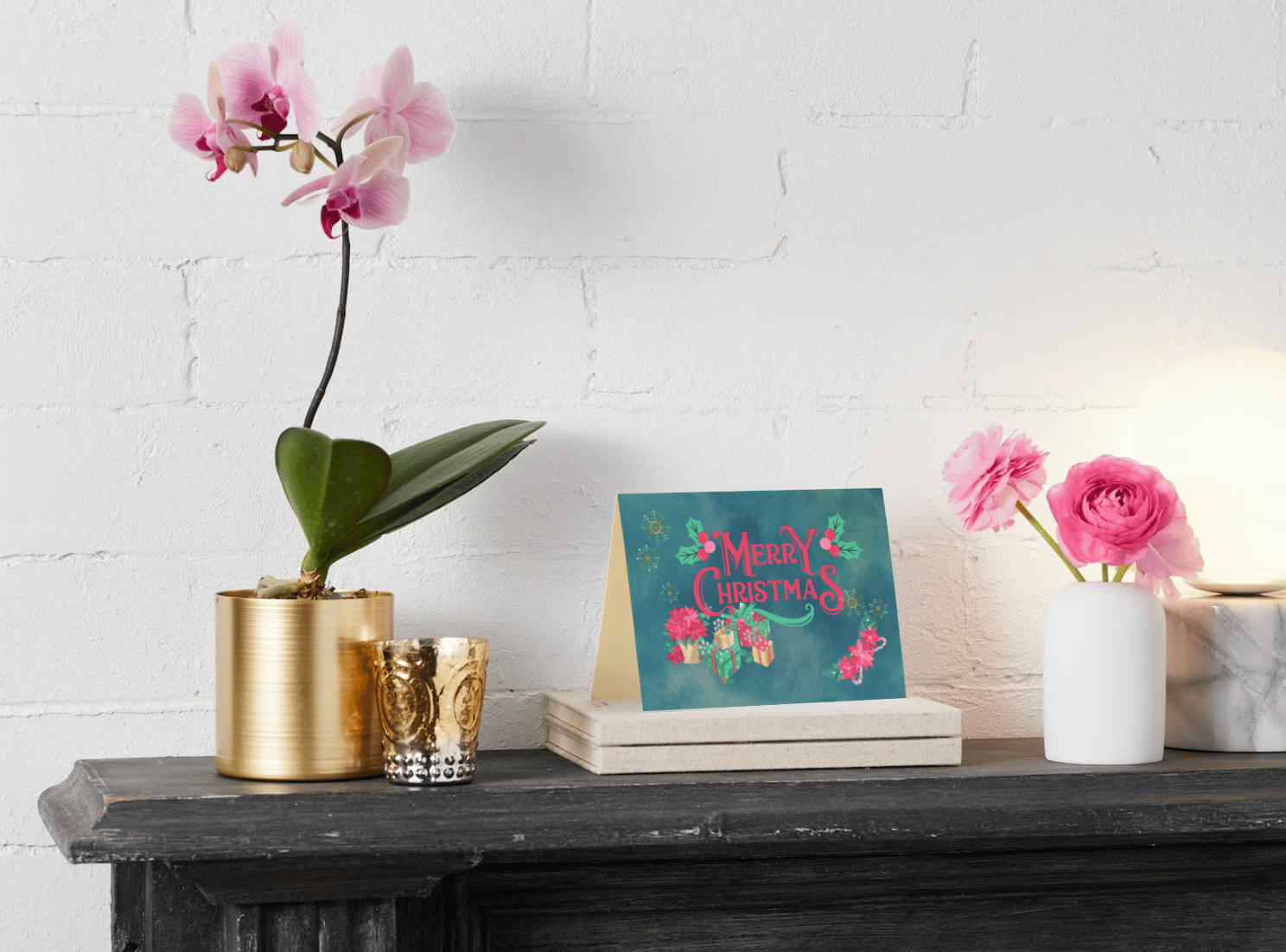 Customizable Festive Poinsettia Christmas Gifts Folded Card Landscape | Digital Canva Template. Mock card outside front view as display