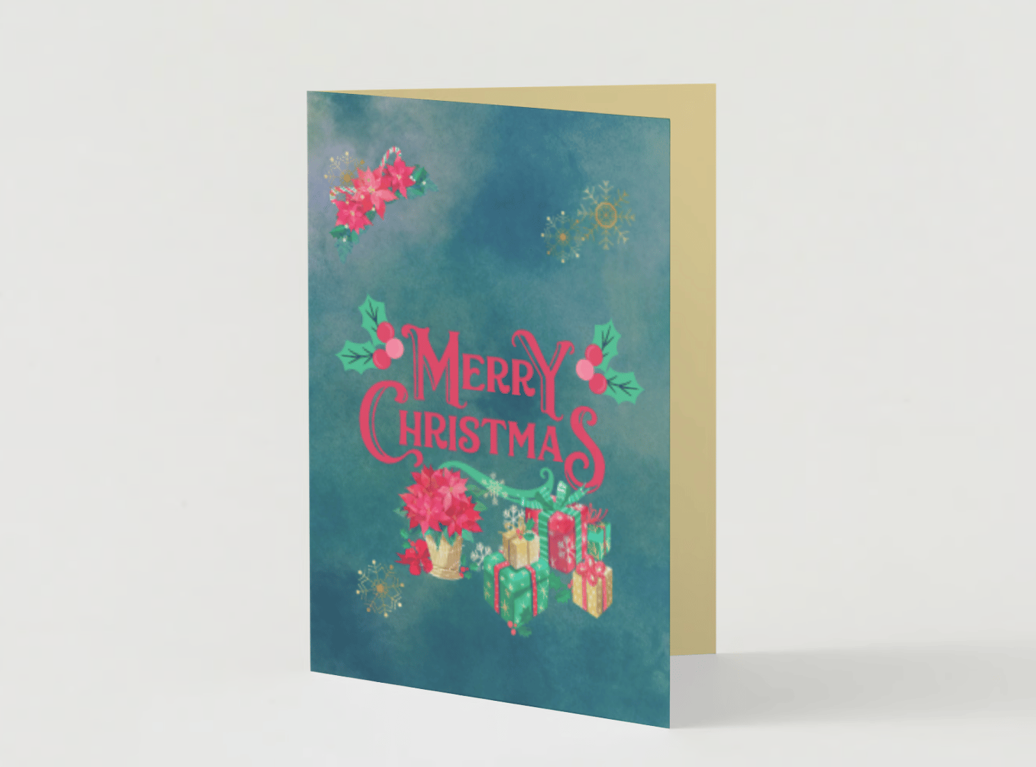 Customizable Festive Poinsettia Christmas Gifts Folded Card Portrait | Digital Canva Template. Mock card outside front view