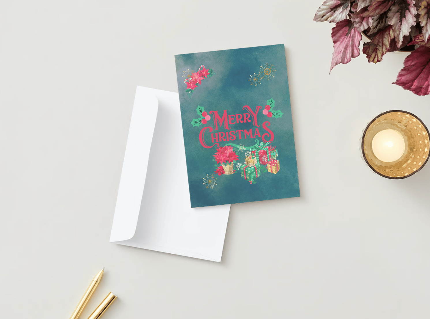 Customizable Festive Poinsettia Christmas Gifts Folded Card Portrait | Digital Canva Template. Mock card outside front view with envelope