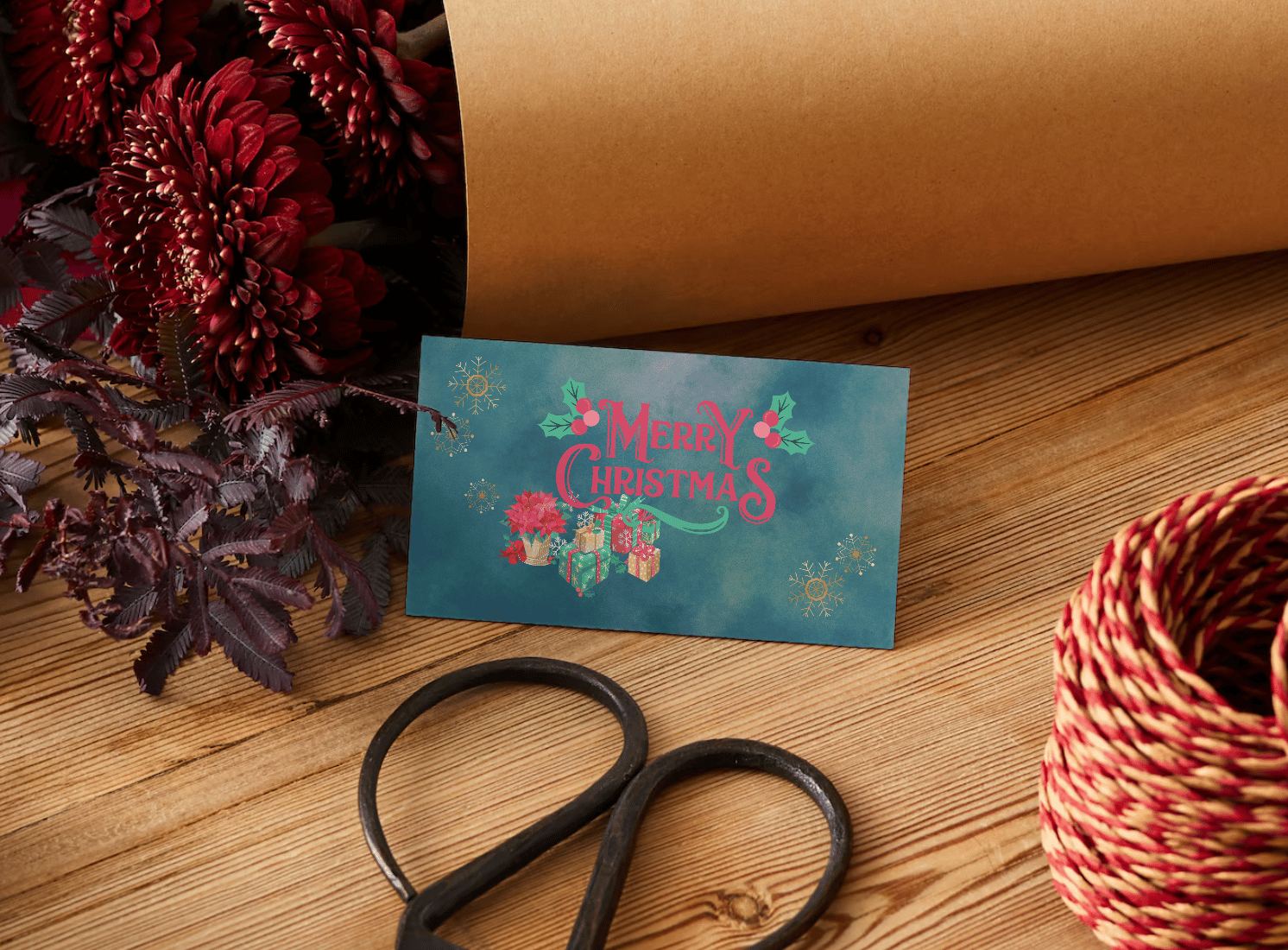 Customizable Festive Poinsettia Christmas Gifts Gift/Favor Tag| Digital Canva Template. Mock card front view