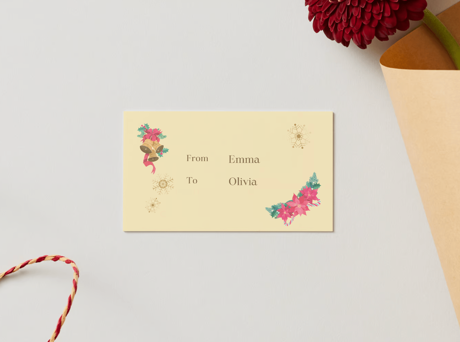 Customizable Festive Poinsettia Christmas Gifts Gift/Favor Tag| Digital Canva Template. Mock card back view