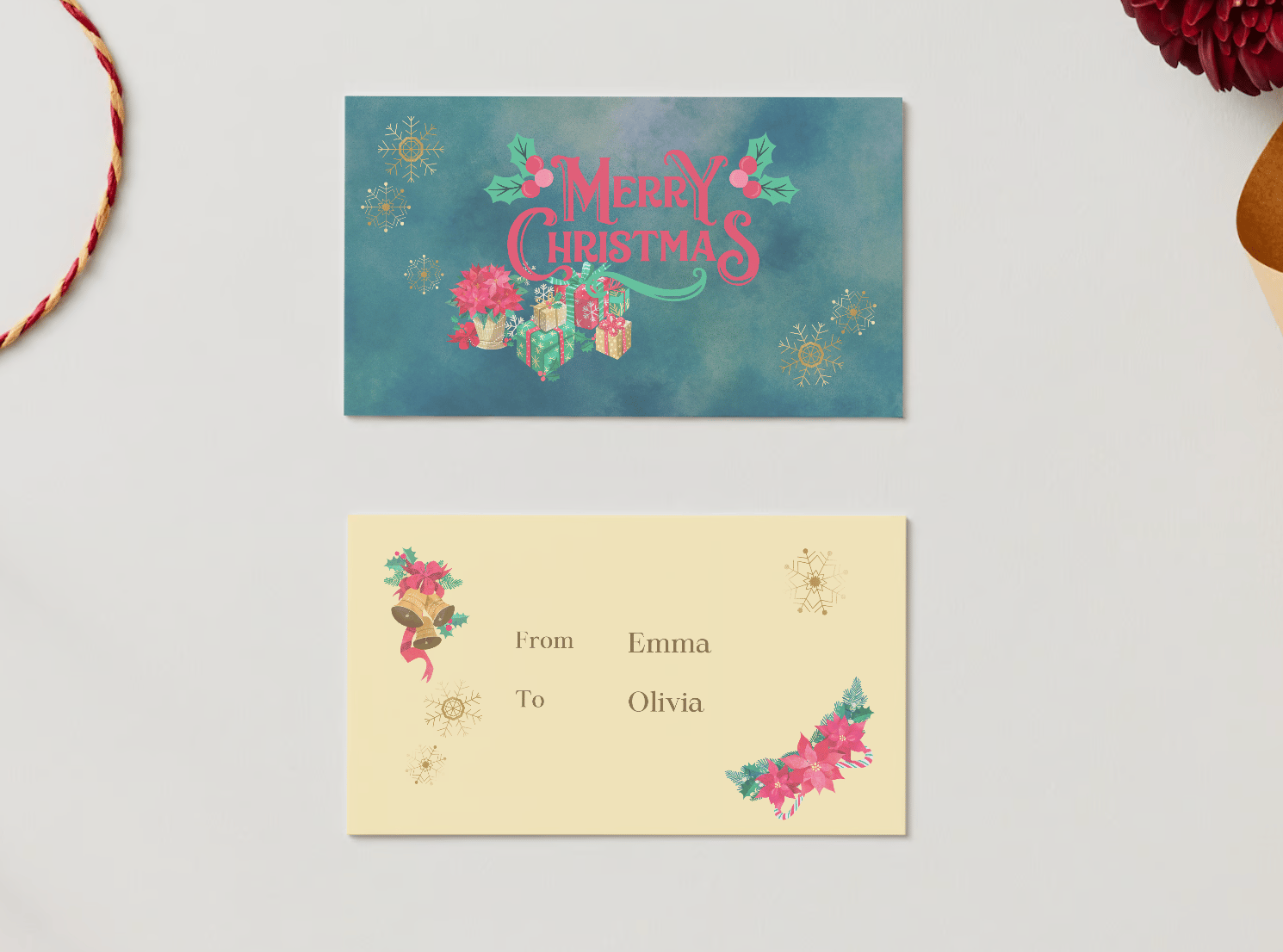 Customizable Festive Poinsettia Christmas Gifts Gift/Favor Tag| Digital Canva Template. Mock card front and back views